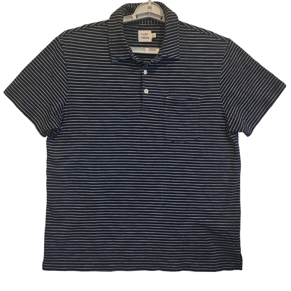Flint and Tinder Mens‎ Large Navy Blue White Striped Cotton Pocket Polo Shirt